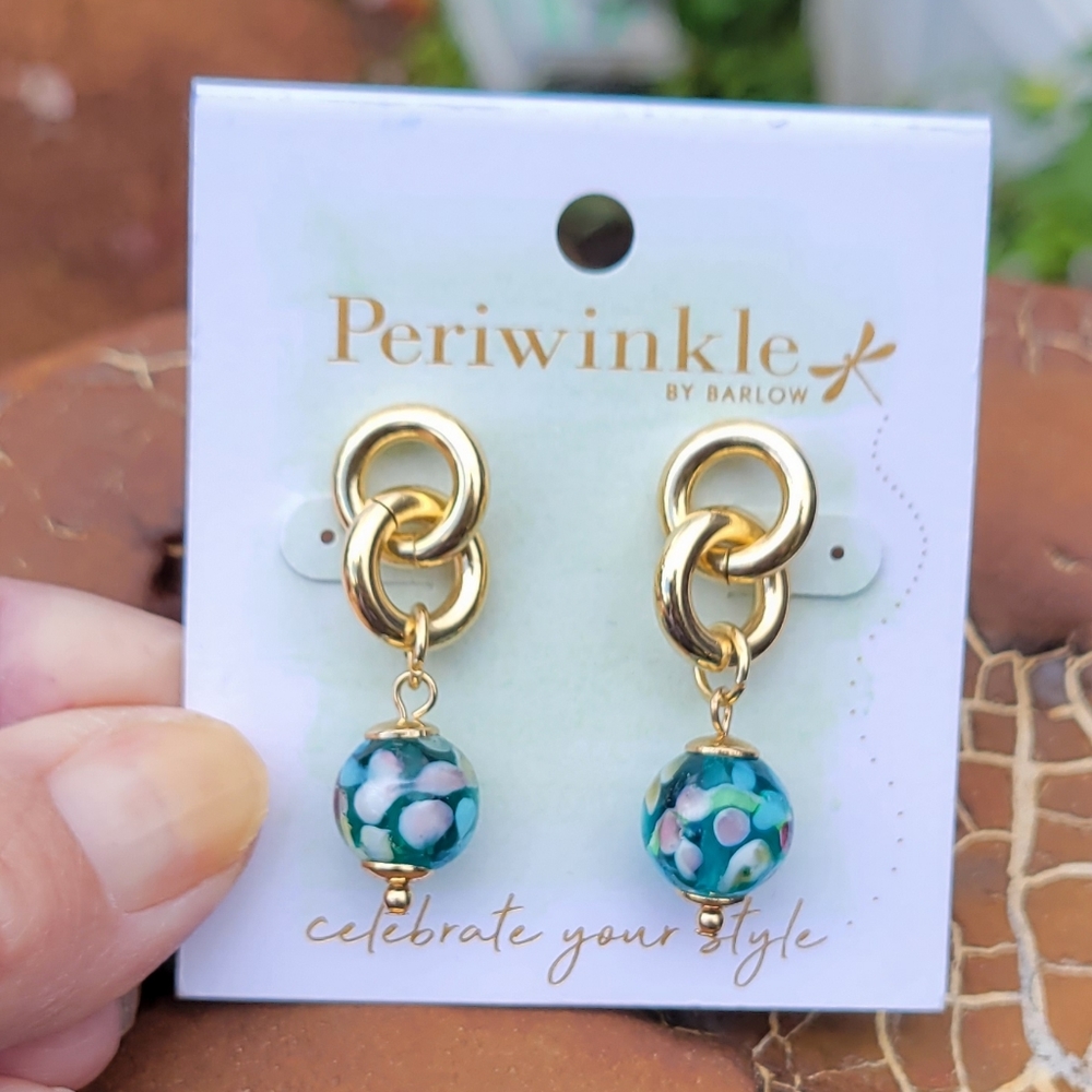 Periwinkle gold tone earrings with beautiful glass beads
